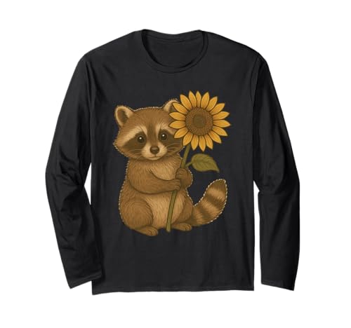 Cute Baby Raccoon Holding Sunflower Flower Langarmshirt von Cute Raccoon Flowers Apparel