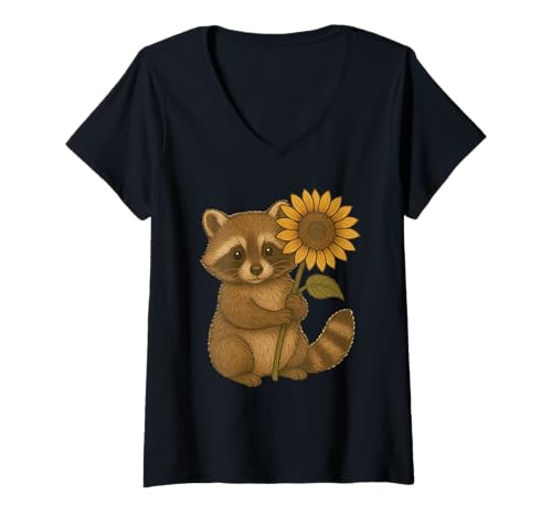 Damen Cute Baby Raccoon Holding Sunflower Flower T-Shirt mit V-Ausschnitt Damen Cute Baby Raccoon Holding Sunflower Flower T-Shirt mit V-Ausschnitt von Cute Raccoon Flowers Apparel