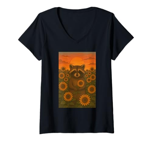 Damen Cute Raccoon Holding Sunflower Flower Sunset T-Shirt mit V-Ausschnitt von Cute Raccoon Flowers Apparel