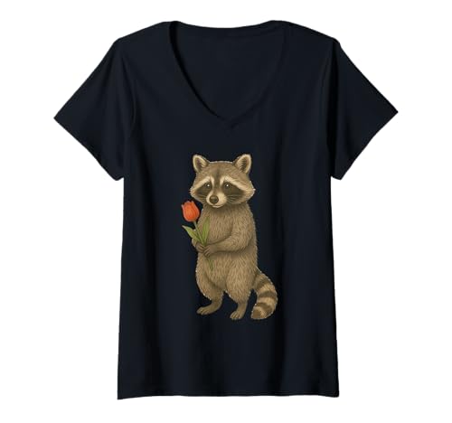 Damen Cute Raccoon Holding Tulip Flower T-Shirt mit V-Ausschnitt Damen Cute Raccoon Holding Tulip Flower T-Shirt mit V-Ausschnitt von Cute Raccoon Flowers Apparel