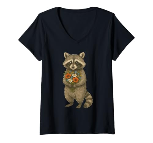 Damen Cute Raccoon Holding Wildflowers Flower T-Shirt mit V-Ausschnitt Damen Cute Raccoon Holding Wildflowers Flower T-Shirt mit V-Ausschnitt von Cute Raccoon Flowers Apparel