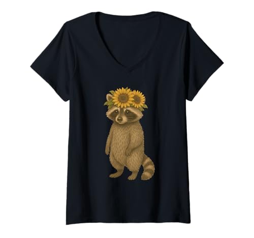 Damen Cute Raccoon Sunflower Flower Crown T-Shirt mit V-Ausschnitt Damen Cute Raccoon Sunflower Flower Crown T-Shirt mit V-Ausschnitt von Cute Raccoon Flowers Apparel