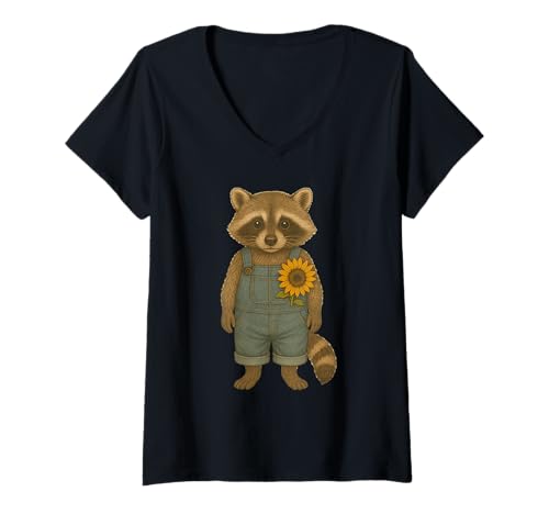 Damen Cute Raccoon Sunflower Flower T-Shirt mit V-Ausschnitt von Cute Raccoon Flowers Apparel