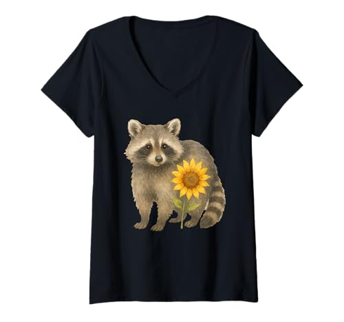 Damen Cute Watercolor Raccoon Sunflower Flower T-Shirt mit V-Ausschnitt Damen Cute Watercolor Raccoon Sunflower Flower T-Shirt mit V-Ausschnitt von Cute Raccoon Flowers Apparel