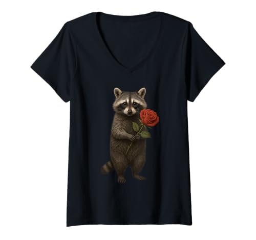 Damen Raccoon Holding Rose Cute Flower T-Shirt mit V-Ausschnitt von Cute Raccoon Flowers Apparel