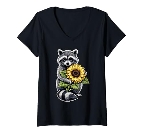 Damen Raccoon Holding Sunflower Cute Flower T-Shirt mit V-Ausschnitt Damen Raccoon Holding Sunflower Cute Flower T-Shirt mit V-Ausschnitt von Cute Raccoon Flowers Apparel
