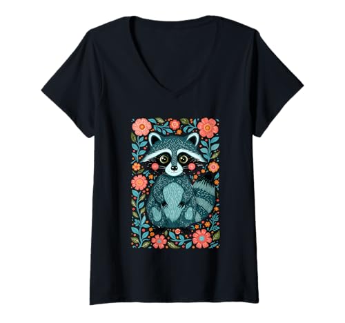 Damen Woodland Bloom Skurrile Tierpfote T-Shirt mit V-Ausschnitt Damen Woodland Bloom Skurrile Tierpfote T-Shirt mit V-Ausschnitt von Cute Raccoon Forest Dweller Floral Surround