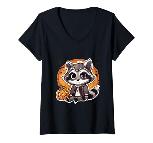 Damen Süßer Waschbär Halloween Kostüm Kürbis Halloween Waschbär T-Shirt mit V-Ausschnitt von Cute Raccoon Halloween