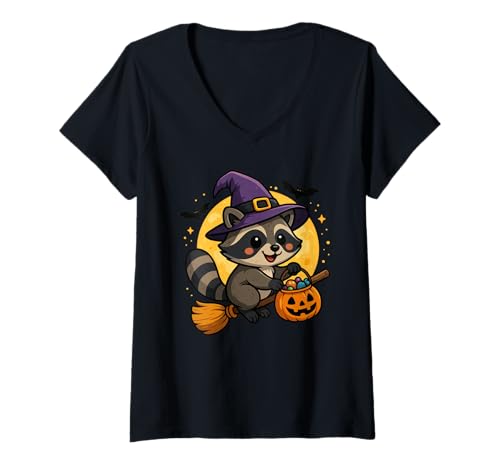 Damen Cute Raccoon Pumpkin Witch Hat Halloween T-Shirt mit V-Ausschnitt Damen Cute Raccoon Pumpkin Witch Hat Halloween T-Shirt mit V-Ausschnitt von Cute Raccoon Lover Halloween Apparel