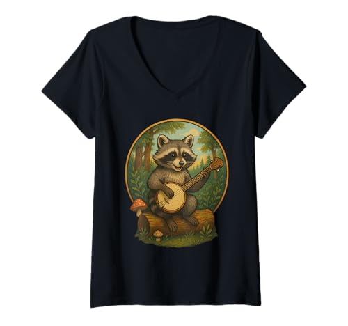 Damen Cute Cottagecore Aesthetic Raccoon Playing Banjo T-Shirt mit V-Ausschnitt Damen Cute Cottagecore Aesthetic Raccoon Playing Banjo T-Shirt mit V-Ausschnitt von Cute Raccoon Playing Banjo Music Apparel