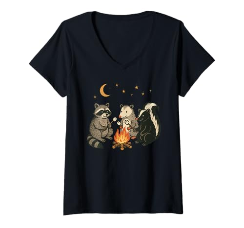 Damen Cute Raccoon Possum Skunk Campfire Camping T-Shirt mit V-Ausschnitt von Cute Raccoon Possum Skunk Apparel