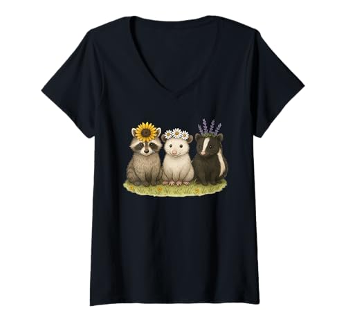 Damen Cute Raccoon Possum Skunk Flowers Floral T-Shirt mit V-Ausschnitt Damen Cute Raccoon Possum Skunk Flowers Floral T-Shirt mit V-Ausschnitt von Cute Raccoon Possum Skunk Apparel