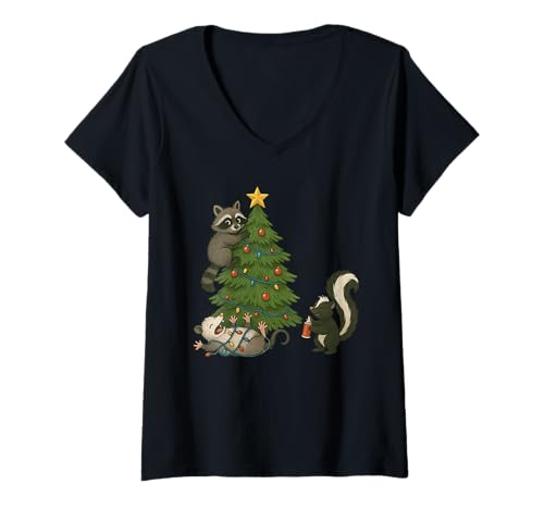 Damen Raccoon Possum Skunk Christmas Tree Xmas T-Shirt mit V-Ausschnitt Damen Raccoon Possum Skunk Christmas Tree Xmas T-Shirt mit V-Ausschnitt von Cute Raccoon Possum Skunk Apparel