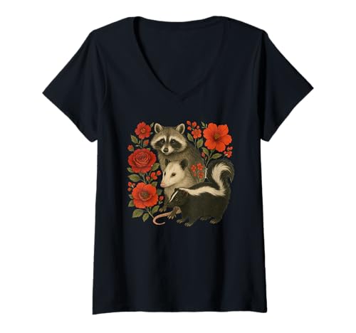Damen Cute Raccoon Possum Skunk Flowers T-Shirt mit V-Ausschnitt Damen Cute Raccoon Possum Skunk Flowers T-Shirt mit V-Ausschnitt von Cute Raccoon Possum Skunk Floral Apparel