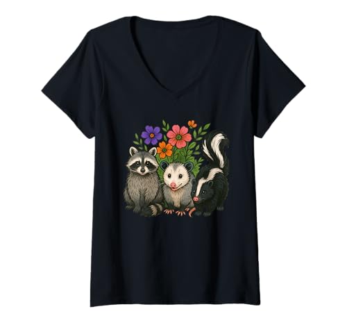 Damen Cute Raccoon Skunk Possum Flowers T-Shirt mit V-Ausschnitt Damen Cute Raccoon Skunk Possum Flowers T-Shirt mit V-Ausschnitt von Cute Raccoon Possum Skunk Floral Apparel