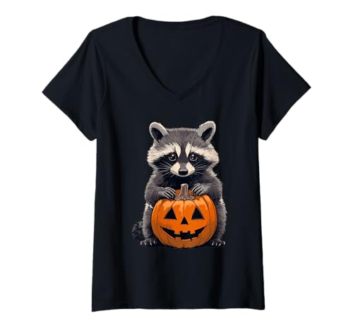 Damen Cute Raccoon Jack O Lantern Pumpkin Halloween T-Shirt mit V-Ausschnitt von Cute Raccoon Pumpkin Halloween Apparel