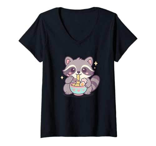Damen Waschbär isst Ramen Kawaii Japanisches Essen Männer Frauen Kinder T-Shirt mit V-Ausschnitt Damen Waschbär isst Ramen Kawaii Japanisches Essen Männer Frauen Kinder T-Shirt mit V-Ausschnitt von Cute Raccoon Ramen Noodles Lover Merch Gifts