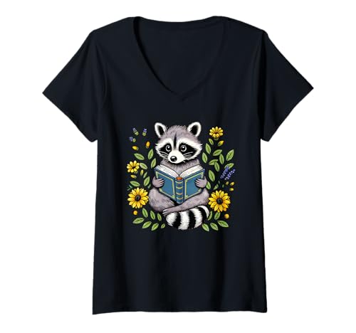 Damen Cute Raccoon Reading Book Flowers T-Shirt mit V-Ausschnitt Damen Cute Raccoon Reading Book Flowers T-Shirt mit V-Ausschnitt von Cute Raccoon Reading Book Floral Apparel