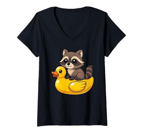 Damen Cute Raccoon Rubber Duck T-Shirt mit V-Ausschnitt Damen Cute Raccoon Rubber Duck T-Shirt mit V-Ausschnitt von Cute Raccoon Rubber Duck Apparel