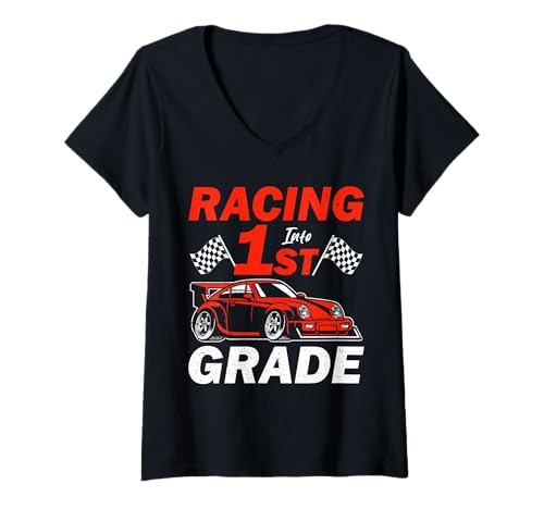 Damen Rasend in die 1. Klasse Lustiges Rennwagen-Spiel Zurück zur Schule T-Shirt mit V-Ausschnitt von Cute Racing Flag Video Game 1st Day Of School Idea
