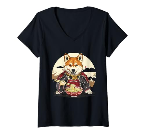 Damen Dog Ramen Samurai Warrior Dog Ramen Bowl Japanische Nudeln T-Shirt mit V-Ausschnitt Damen Dog Ramen Samurai Warrior Dog Ramen Bowl Japanische Nudeln T-Shirt mit V-Ausschnitt von Cute Ramen Animals