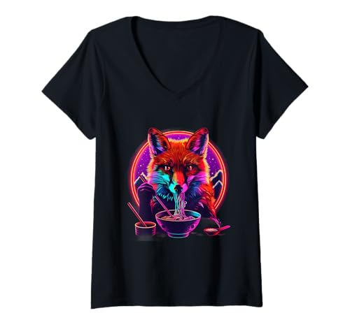 Damen Fox Ramen Bowl Japanisches Nudelkunstwerk Fox Eating Ramen T-Shirt mit V-Ausschnitt Damen Fox Ramen Bowl Japanisches Nudelkunstwerk Fox Eating Ramen T-Shirt mit V-Ausschnitt von Cute Ramen Animals
