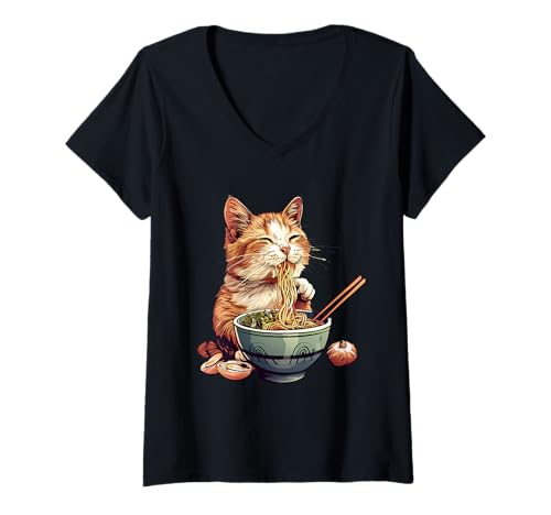 Damen Katzennudeln Kunst Japanische Nudeln Katze Essen Ramen Nudeln T-Shirt mit V-Ausschnitt Damen Katzennudeln Kunst Japanische Nudeln Katze Essen Ramen Nudeln T-Shirt mit V-Ausschnitt von Cute Ramen Animals