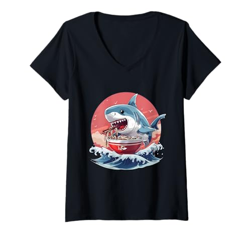 Damen Meerestier Japanische Nudeln Hai Essen Ramen Nudeln T-Shirt mit V-Ausschnitt Damen Meerestier Japanische Nudeln Hai Essen Ramen Nudeln T-Shirt mit V-Ausschnitt von Cute Ramen Animals