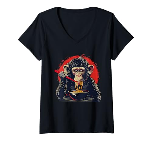 Damen Monkey Eating Ramen Japanische Nudeln AFFE Ramen Schale T-Shirt mit V-Ausschnitt Damen Monkey Eating Ramen Japanische Nudeln AFFE Ramen Schale T-Shirt mit V-Ausschnitt von Cute Ramen Animals