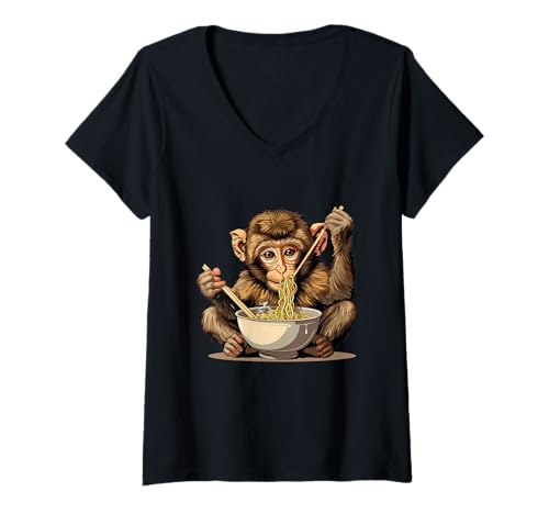 Damen Niedlicher AFFE isst Ramen AFFE Nudel Kunst Japanische Nudeln T-Shirt mit V-Ausschnitt Damen Niedlicher AFFE isst Ramen AFFE Nudel Kunst Japanische Nudeln T-Shirt mit V-Ausschnitt von Cute Ramen Animals