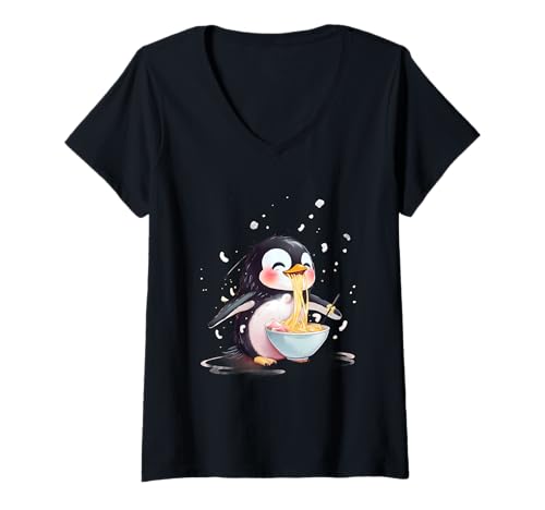 Damen Niedlicher Pinguin isst Ramen Pinguin Ramen Schale Anime Kawaii T-Shirt mit V-Ausschnitt Damen Niedlicher Pinguin isst Ramen Pinguin Ramen Schale Anime Kawaii T-Shirt mit V-Ausschnitt von Cute Ramen Animals