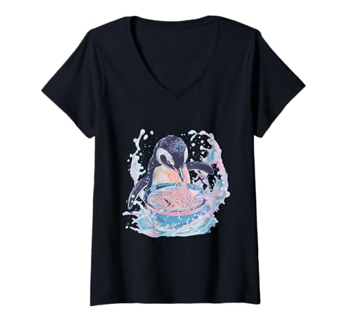 Damen Pinguin Ramen Wasserspritzer Kunstwerk Pinguin isst Ramen T-Shirt mit V-Ausschnitt Damen Pinguin Ramen Wasserspritzer Kunstwerk Pinguin isst Ramen T-Shirt mit V-Ausschnitt von Cute Ramen Animals