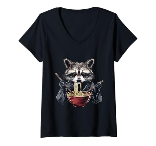 Damen Waschbär isst Ramen Kunstwerk Waschbär Nudel Art Kimono T-Shirt mit V-Ausschnitt Damen Waschbär isst Ramen Kunstwerk Waschbär Nudel Art Kimono T-Shirt mit V-Ausschnitt von Cute Ramen Animals