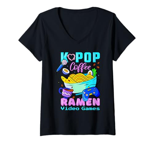 Damen Kawaii Love Coffee Videospiele Ramen und K-Pop Fans Geschenk T-Shirt mit V-Ausschnitt Damen Kawaii Love Coffee Videospiele Ramen und K-Pop Fans Geschenk T-Shirt mit V-Ausschnitt von Cute Ramen K-Pop Coffee Video Games Kawaii Design