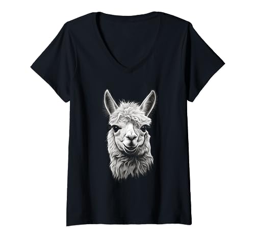 Damen Süßes Lama Alpaka Kopf Motiv T-Shirt mit V-Ausschnitt von Cute Realistic Alpaca Face Lover Gift