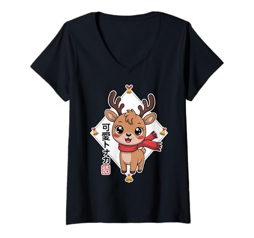 Damen Kawaii Rentier - Japanisches Chibi Rentier T-Shirt mit V-Ausschnitt Damen Kawaii Rentier - Japanisches Chibi Rentier T-Shirt mit V-Ausschnitt von Cute Reindeer Japanese Holiday Cheer