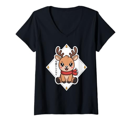 Damen Niedliches Rentier – Japanisches Kawaii-Rentier T-Shirt mit V-Ausschnitt Damen Niedliches Rentier – Japanisches Kawaii-Rentier T-Shirt mit V-Ausschnitt von Cute Reindeer Japanese Holiday Cheer