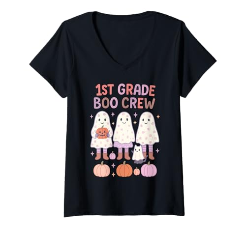 Damen Boo Crew School, fetziger Halloween-Teamlehrer für Kinder, 1. Klasse T-Shirt mit V-Ausschnitt Damen Boo Crew School, fetziger Halloween-Teamlehrer für Kinder, 1. Klasse T-Shirt mit V-Ausschnitt von Cute Retro Girls Boys First Grade Back to School