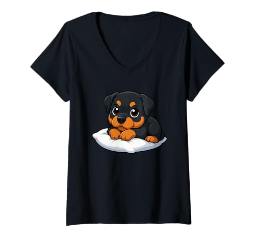 Damen Niedlicher Rottweiler-Welpe, niedlicher Cartoon-Hund T-Shirt mit V-Ausschnitt von Cute Rottweiler Puppy Dog Cartoon