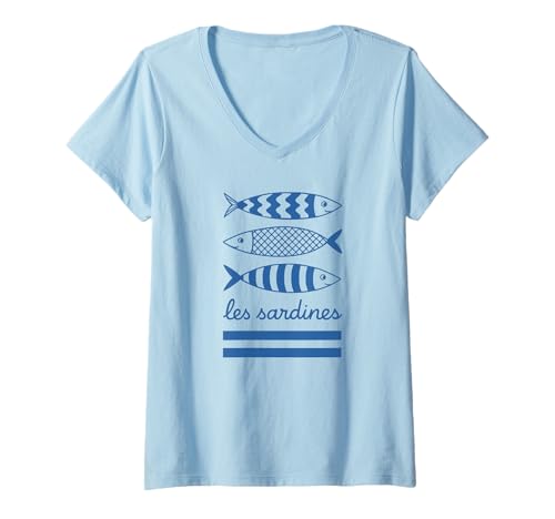 Damen Les Sardines French Nautical Fish Damen Sardinen T-Shirt mit V-Ausschnitt Damen Les Sardines French Nautical Fish Damen Sardinen T-Shirt mit V-Ausschnitt von Cute Sardines Tees