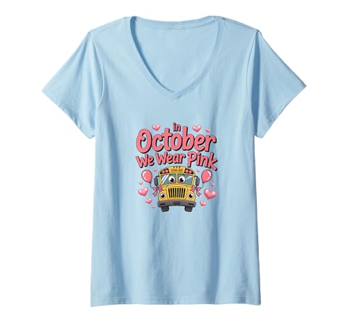 Damen Im Oktober tragen wir rosa süßes Schulbus-Brustkrebs-T-Shirt T-Shirt mit V-Ausschnitt von Cute School Bus Breast Cancer Awareness Shirts