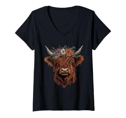 Damen Schottisches Hochlandkuh Rinder Schottische Highlander Haarige Kuh T-Shirt mit V-Ausschnitt Damen Schottisches Hochlandkuh Rinder Schottische Highlander Haarige Kuh T-Shirt mit V-Ausschnitt von Cute Scottish Highlander Cattle Designs