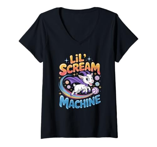 Damen Lil Scream Machine Süße Ziege Halloween Kinder T-Shirt mit V-Ausschnitt Damen Lil Scream Machine Süße Ziege Halloween Kinder T-Shirt mit V-Ausschnitt von Cute Screaming Goat Halloween Kids Kawaii