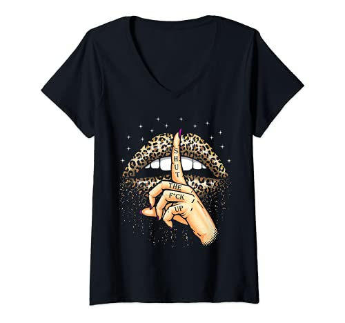 Damen Cooles Leoparden-Lippen-Geschenk für Frauen, lustig, Shut The Fuck Up Gag T-Shirt mit V-Ausschnitt von Cute Sexy Lipstick Animal Print Lover Rude Designs