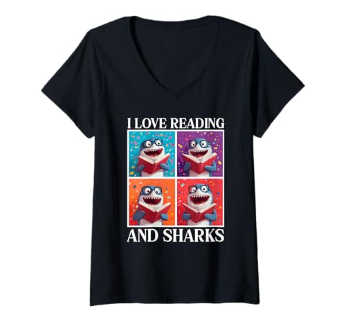 Damen Shark Love Reading und Sharks Kinderbuchliebhaber T-Shirt mit V-Ausschnitt Damen Shark Love Reading und Sharks Kinderbuchliebhaber T-Shirt mit V-Ausschnitt von Cute Shark Reading Books Children Boys Girls Kids