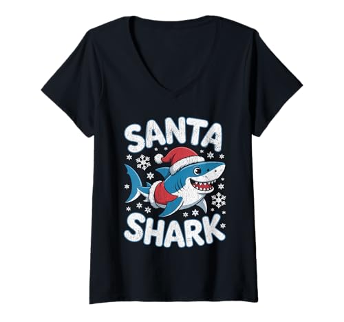 Damen Lustige Hai-Weihnachtsmütze T-Shirt mit V-Ausschnitt Damen Lustige Hai-Weihnachtsmütze T-Shirt mit V-Ausschnitt von Cute Shark Santa Hat Christmas