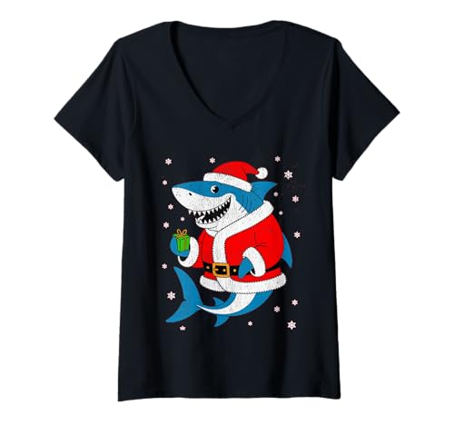 Damen Lustige Hai-Weihnachtsmütze T-Shirt mit V-Ausschnitt Damen Lustige Hai-Weihnachtsmütze T-Shirt mit V-Ausschnitt von Cute Shark Santa Hat Christmas