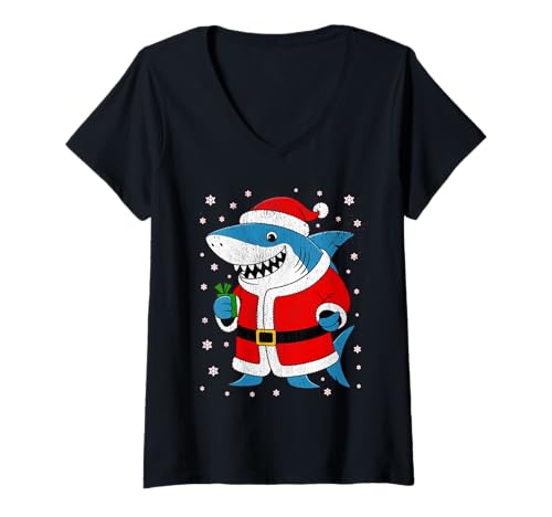 Damen Lustige Hai-Weihnachtsmütze T-Shirt mit V-Ausschnitt Damen Lustige Hai-Weihnachtsmütze T-Shirt mit V-Ausschnitt von Cute Shark Santa Hat Christmas