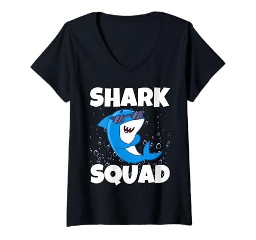 Damen Shark Squad passendes Geburtstags-T-Shirt für Jungen, Mädchen, Familie T-Shirt mit V-Ausschnitt von Cute Sharks Fin Animal Ocean Summer Vacation Beach