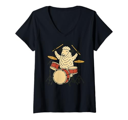 Damen Cute Sheep Playing Drums Drummer Music T-Shirt mit V-Ausschnitt von Cute Sheep Playing Drums Sheep Lover Apparel